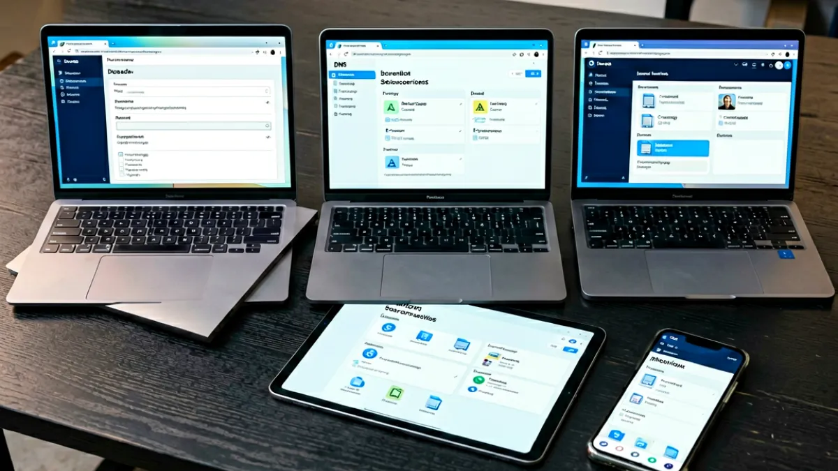 多种网络辅助工具排列在桌面上，包括 DNS 设置界面截图、浏览器扩展图标和代理服务面板，背景为深色工作台，体现技术感