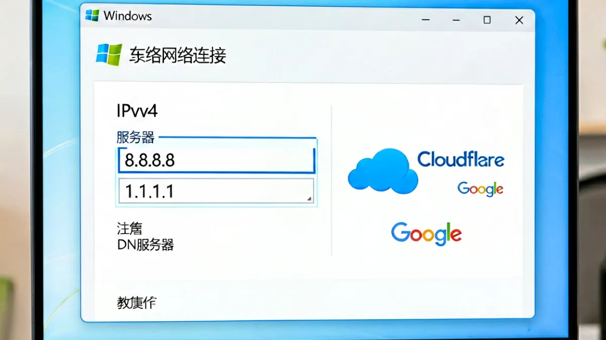 DNS 设置界面示意图：操作系统网络适配器属性窗口中显示 IPv4 DNS 服务器地址输入框，右侧列出公共 DNS 服务列表，突出 8.8.8.8 和 1.1.1.1 两项配置选项