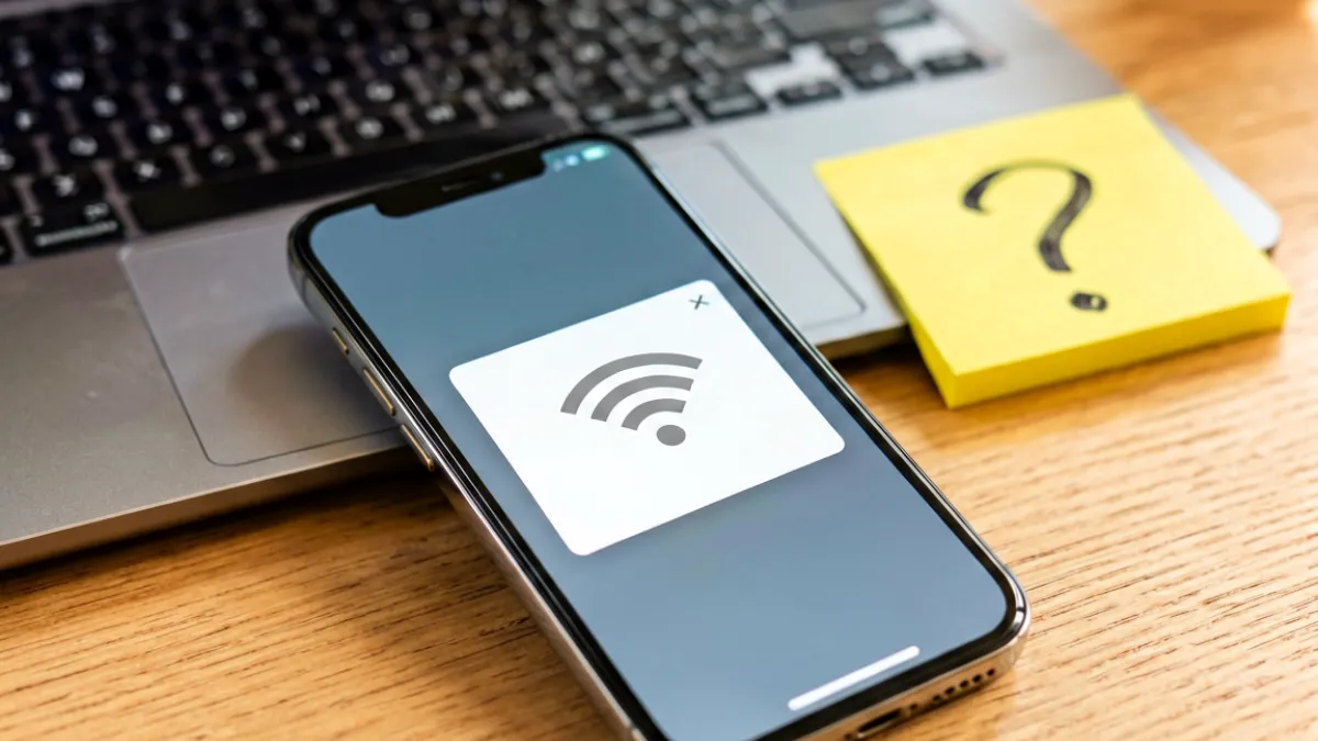 手机屏幕显示错误提示弹窗与 Wi-Fi 图标，背景虚化的笔记本电脑键盘和一张印有问号符号的便签纸，呈现用户在排查网络连接问题时的桌面场景